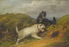 Terriers rabbiting by J Langlois, oil on canvas, sold Dec 2025