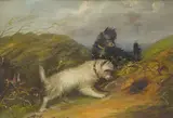 Terriers rabbiting by J Langlois, oil on canvas, sold Dec 2025