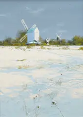 Jack and Jill Windmills near Ditchling by Paul Evans, gouache, sold Dec 2025