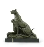 A painted bronze group of two lionesses by Miguel Fernando Lopez, bronze, sold Dec 2025