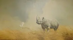Study of a rhino and bird by Craig Bone, oil on canvas board, sold Nov 2025