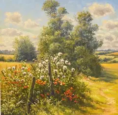Evening sunlight on Thistledown and Poppies by Mervyn Goode, oil on canvas, sold Nov 2025