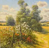 Evening sunlight on Thistledown and Poppies by Mervyn Goode, oil on canvas, sold Nov 2025