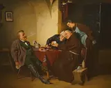 Interior Scene with figures playing cards at a table by Walter Dendy Sadler, oil on canvas, sold Nov 2025