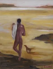 Man and dog on beach by Yankel Feather, oil on canvas, sold Nov 2025