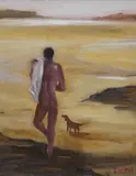 Man and dog on beach by Yankel Feather, oil on canvas, sold Nov 2025