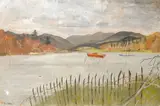 Mountainous lakeside view with boats by John Skelton, oil on canvas, offered Nov 2025