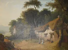 Pastoral landscape with figures beside a half timbered cottage by William Allport, oil on canvas, sold Nov 2025