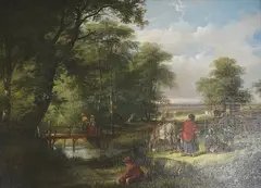 Figures with a donkey near a bridge by Henry & William Shayer, oil on canvas, sold Nov 2025