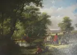Figures with a donkey near a bridge by Henry & William Shayer, oil on canvas, sold Nov 2025