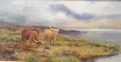 Highland cattle by a loch by Louis Bosworth Hurt, oil on canvas, sold Nov 2025