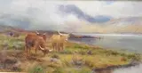 Highland cattle by a loch by Louis Bosworth Hurt, oil on canvas, sold Nov 2025