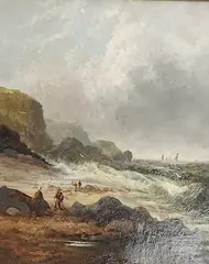 Shore scene with figure near a rough sea by W. Byron, oil on panel, sold Nov 2025