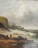 Shore scene with figure near a rough sea by W. Byron, oil on panel, sold Nov 2025