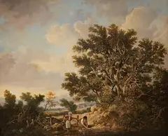 Landscape with figures beside a stream by Andre de Moller, oil on canvas, sold Nov 2025