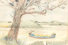 Harbour view with beached vessel by John Skelton, 1980, watercolour, sold Nov 2025