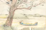 Harbour view with beached vessel by John Skelton, 1980, watercolour, sold Nov 2025