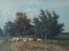 A Dutch Lane Scene, Figure and Sheep by Eugène Verboeckhoven, oil on canvas, sold Nov 2025