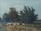 A Dutch Lane Scene, Figure and Sheep by Eugène Verboeckhoven, oil on canvas, sold Nov 2025