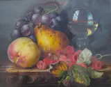 A still life study of fruit and a wine glass on a tabletop by Edward Ladell, oil on canvas, sold Nov 2025