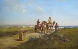 Orientalist scene with Arabs on horseback by Victor Huguet, oil on board, sold Nov 2025