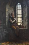 A gentleman wearing Tudor dress seated before an arched by Alfred Holst Tourrier, oil on canvas, sold Nov 2025