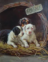 Dogs for sale by Arthur Charles Dodd, oil on canvas, sold Nov 2025