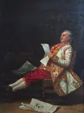 Interior scene with gentleman reading a newspaper by Edwin Blashfield, oil on canvas, offered Nov 2025