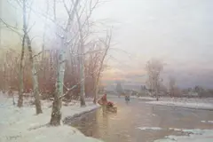 Snowy riverscape with figures skating by Johann Jungblut, oil on canvas, sold Nov 2025
