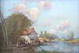 A riverside cottage with figures by William Watt Milne, oil on canvas board, sold Nov 2025