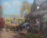 Sheep shearing in a farmyard by William Watt Milne, oil on canvas board, sold Nov 2025