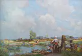 Figures on the riverbank by William Watt Milne, oil on board, sold Nov 2025