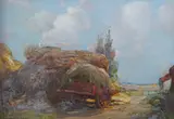 A haycart beside a haystack in a farmyard by William Watt Milne, oil on board, sold Nov 2025