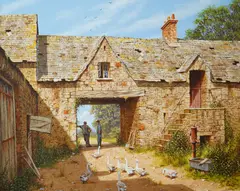 Geese in a Farm Courtyard by Edward Hersey, oil on canvas, sold Nov 2025