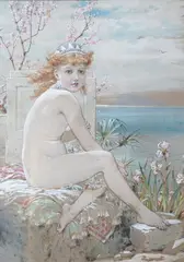 Portrait of a seated young girl before a monument and blossom by William Stephen Coleman, watercolour, sold Nov 2025