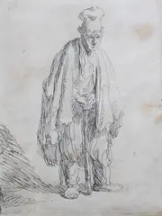 Beggar in a High Cap, Standing and Leaning on a Stick by Rembrandt Harmensz van Rijn, etching, sold Nov 2025