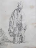 Beggar in a High Cap, Standing and Leaning on a Stick by Rembrandt Harmensz van Rijn, etching, sold Nov 2025