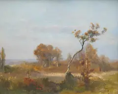 Landscape with autumnal trees by Henry G. Moon, ink, sold Nov 2025