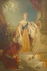 Portrait of Queen Victoria wearing ermine before a landscape by G. Evans, 1859, oil on canvas, sold Nov 2025