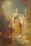 Portrait of Queen Victoria wearing ermine before a landscape by G. Evans, 1859, oil on canvas, sold Nov 2025