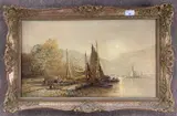 Moored fishing vessels lit by moonlight by George G. Fryer, oil, sold Oct 2026