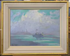 Fishing Boat off Shore by Roy Hodds, oil, sold Oct 2026