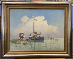 Estuary scene with moored Sailing Boats and stationary Land Rover by Roy Hodds, oil, sold Oct 2026
