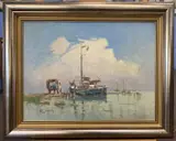 Estuary scene with moored Sailing Boats and stationary Land Rover by Roy Hodds, oil, sold Oct 2026