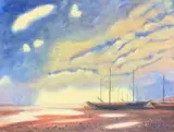 Boats on an estuary at dusk / dawn by Christopher J.Plaw, oil, sold Oct 2026