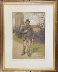 A gent with pipe and hat in a rural setting by H.F. Ford, watercolor, sold Oct 2026