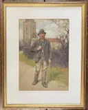 A gent with pipe and hat in a rural setting by H.F. Ford, watercolor, sold Oct 2026