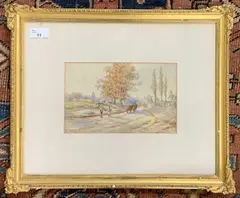 Figures and Cattle in an autumnal landscape by Stephen John Batchelder, watercolor, sold Oct 2026