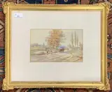 Figures and Cattle in an autumnal landscape by Stephen John Batchelder, watercolor, sold Oct 2026