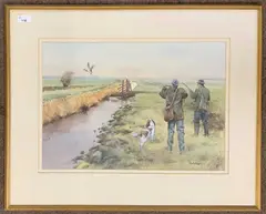 Shooting Party with an alighting duck by Brian M.Wigger, watercolor, sold Oct 2026